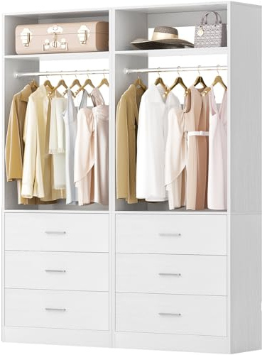 Besiost Closet System Set of 2, 4FT Closet Systems with 6 Wood Drawers, 48 Closet Organizer System with 2 Hanging Rods & 2 Shelves, Heavy Duty 48 Inch Walk-in Closet , White (48L x 15 W x 80 H)