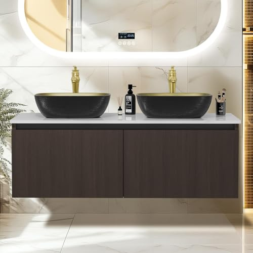 LUVODI Armario de Baño Suspendido con 2 lavabos de cerámica, Mueble de baño con Grifo de Bronce, Tapa de PVC y Cuerpo de Armario Color Nogal, Juego de Muebles para baño, 120x50cm