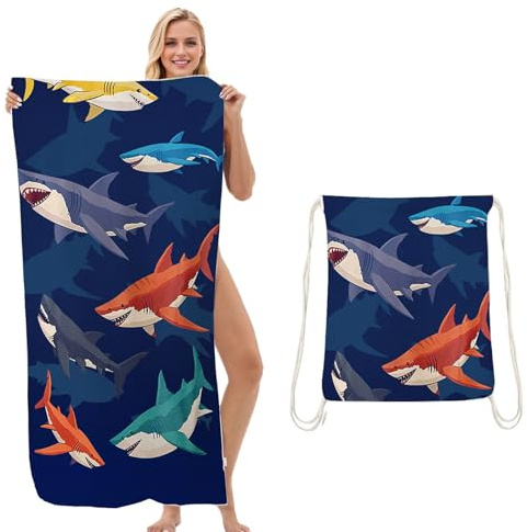 HarnyLoom Toalla Microfibra Playa Mujer Hombre, Toalla Playa Grande Baño Plegable 2 en 1 Personalizada, Secado Rápido, Nolsa de Almacenamiento Piscina Viajes de Verano (Tiburones, 70 x 140 CM)