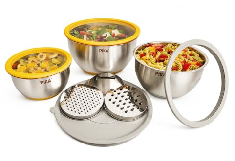 PIKA° 4-in-1 Edelstahl Schüssel Set (3-tlg) mit Glasdeckel & 3 Reibe-Aufsätzen | Multifunktions-Schüsseln zum Reiben, Rühren & Servieren | Stapelbar & Luftdicht | Ideal für Salat, Teig & Picknick