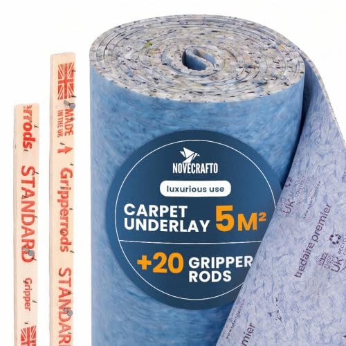 NOVECRAFTO 11mm Premium Carpet Underlay Kit, 5m² – 20 Gripper Rods | 44dB Sound Reduction, 3.13 Tog Thermal Insulation, 110 kg/m³ Density, Cushioning for Bedrooms, Living Rooms, Hallways, Stairs