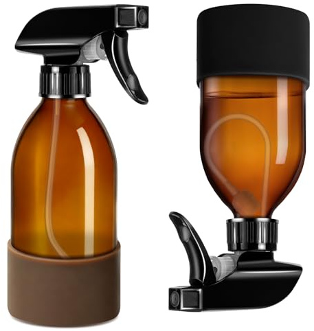 Tecohouse 2 Pack 360° Amber Glass Spray Bottles with Silicone Sleeve, 8 oz Empty Refillable Containers with Adjustable Spray Nozzles, Dark Spray Bottles for Cleaning Solutions, Plants (Black & Brown)