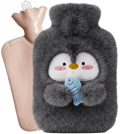 Ftrule Wärmflasche mit Bezug, 1000 ML Wärm-flasche Tier, Plüsch Flauschige Wärmflasche, Wärm-flasche Pinguin, Abnehmbare und Waschbare, für Wärmekompresse und Kältetherapie
