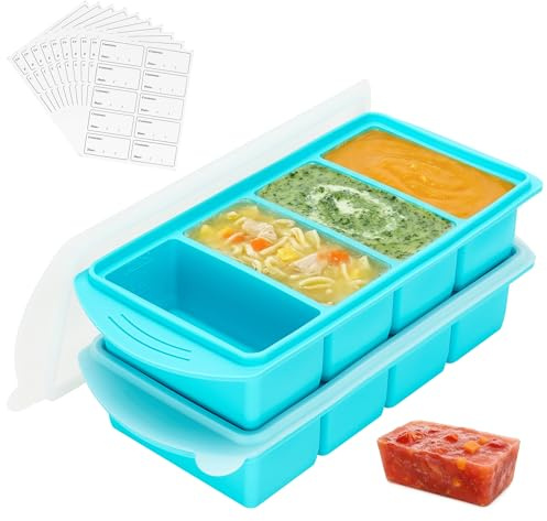 Defresit Confezione da 2 vassoi per congelatore in silicone con etichette per congelatore, facili da staccare, 1 tazza/250 ml in silicone con coperchi, perfetti per conservare zuppe, brodo, salse