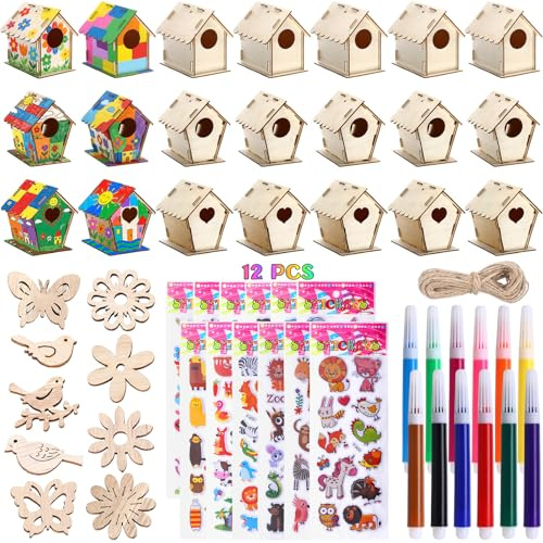 Tuanse 107 Pcs Wooden Birdhouse DIY Kits Includes 21 Unfinished Wood Mini Bird House 24 Watercolor Pen 50 Bird Butterfly Flower Slices 12 Animal Stickers for Adults DIY Craft Making Supplies(Classic)