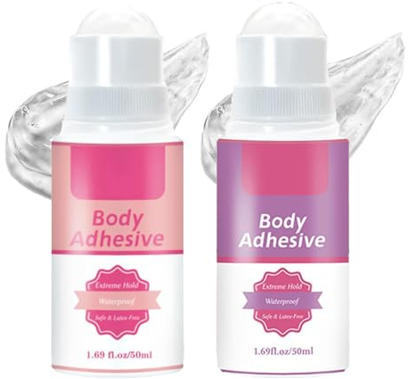 Adhesive Roll-On for Clothes & Skin Clear Invisible Strong Hold Tape — Water Wash Off No Residue Gentle Formula for Bras Socks Stockings Costumes V Neck Dresses Secure Fit 50ml