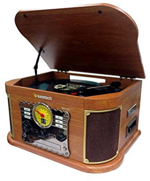 Sunstech Tocadiscos de vinilo de madera con conexión inalámbrica y altavoces estéreo 2.5 W | Giradiscos 3 velocidades 33/45/78 RPM | Reproductor CD, MP3, casete, radio AM/FM, USB y SD | Grabación MP3