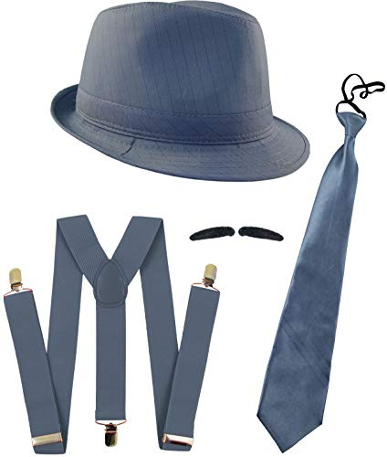 Foxxeo graues Gangster Kostüm Set - Hosenträger Krawatte Hut Bart - für Herren Fasching Karneval Mafia