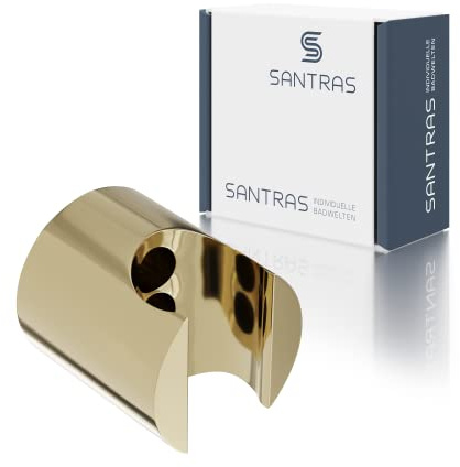 SANTRAS® Brausehalter Dusche in Edelmessing (Goldton) – Duschhalterung an der Wand für Duschkopf & Brauseschlauch | Handbrausehalter / Duschkopfhalter für ½ Zoll Brauseschlauch