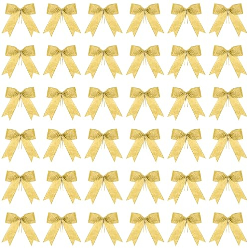 36 Stücke Glitter Fliege Christbaumschmuck Xmas Decor Weihnachtsband Bögen für Kranz Ornamente, Garland (Gold)