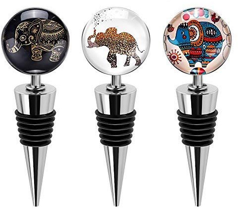 Ohok Flaschenverschluss Weinverschluss mit Glas, 3 Stück Weinflasche Stopper Wiederverwendbare Edelstahl Weinstopfen für Geschenke, Bar, Urlaubsparty, Hochzeit (Elefant)