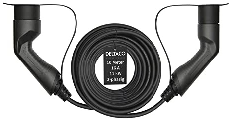 DELTACO KC017 EV-Ladekabel für E-Autos und Hybrid Fahrzeuge, Typ 2 auf Typ 2 Ladekabel mit 11 kW Ausgangsleistung bei 16A, 3-phasiges Elektroauto Mennekes Kabel, 10 Meter, schwarz