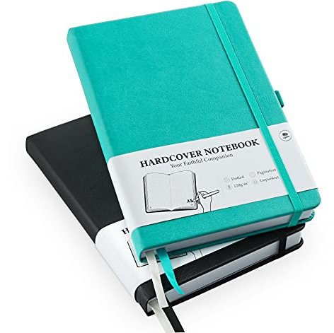 Notizbuch Dotted A5-2er Pack Punktraster Hardcover Bullet Grid Journal Dot Spiral, 120 g/m² Dickes Gepunktete Papier, 384 nummerierte Seite, 5.7 x 8.3 Inch (Schwarz + Türkis)