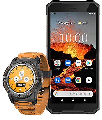 Hammer H Explorer Pro, Robustes Smartphone, IP69-Widerstand, 5,7 IPS, 5000mAh, 48Mpx, eSIM, NFC, 4G LTE, Dual-SIM, orange Watch 1,3 Smartwatch, Herzfrequenz- und Pulsmessung, 440mAh - Set Silber