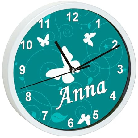CreaDesign, Wanduhr für Kinderzimmer Schmetterling Petrol, Kinderuhr weiß mit Quarz Uhrwerk, personalisiert mit Name, Durchmesser 19,5 cm