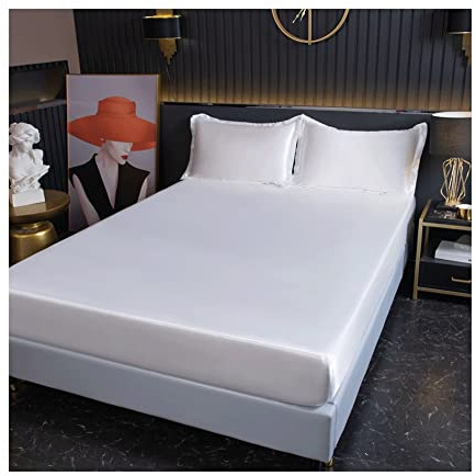 Wzywai Satin dra-på-lakan 180x200cm Spännlakan mjuk silkeslen Satin Fitted Sheet silke Bed Lakan Enkel hotellkvalitet sängkläder 1 stycke satin Madrasskydd (Color : White, Size : 180x200+25cm)