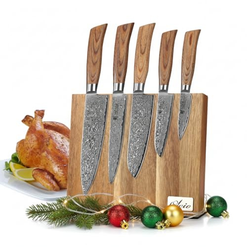 Wakoli EDIB Pro Messerblock-Set, 5 Messer, 67 Lagen Damaststahl, VG10-Kern | Chefmesser, Fleischmesser, Santoku, kleines Santoku und Officemesser mit Pakkaholzgriffen und magnetischem Akazienholzblock