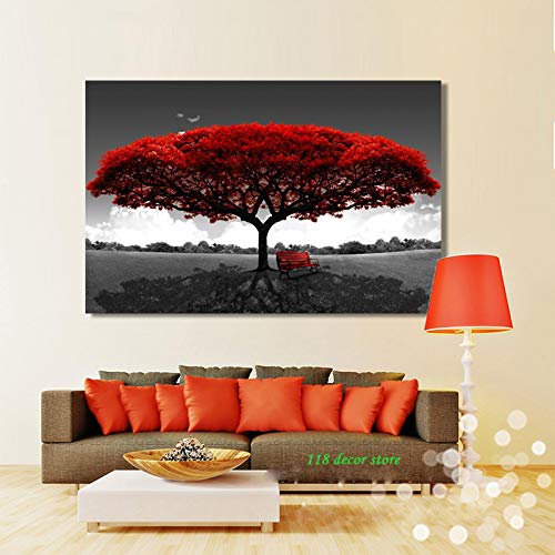 KADING Große moderne rote Geldbaum-Wandkunst auf Leinwand, gerahmt, Wandbilder für Büro, Wohnzimmer, Heimdekoration, Kunstwerk, 70 x 95 cm (28 x 37 Zoll) Innenrahmen