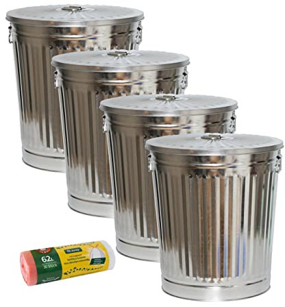 Jinfa Set da 4 Bidone in metallo con manici e coperchio + 30 sacchetti per pattumiera | Zinco | 62L