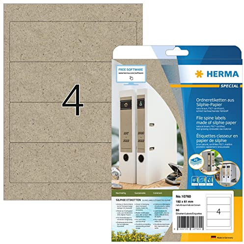 HERMA 10760 Ordnerrücken Etiketten aus Graspapier kurz breit, 20 Blatt, 192 x 61 mm, 4 pro A4 Bogen, 80 Stück, selbstklebend, bedruckbar, Silphie-Papier Ordneretiketten Rückenschilder, natur-braun
