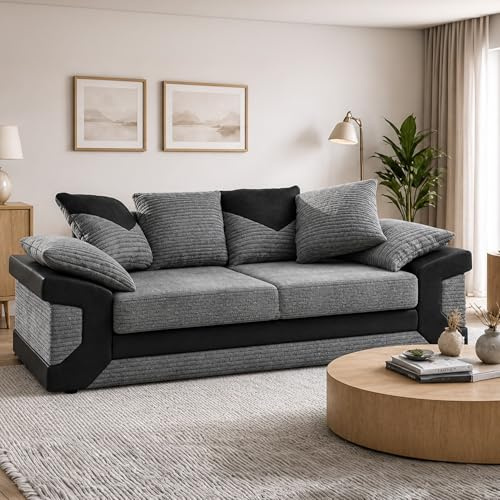 Furnishings For Less UK New Large Dino Black and Grey 3 Seater sofa (Black and Grey, 3 Seater)
