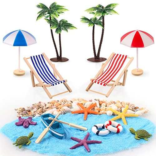 Strand Mikrolandschaft, 21 Stück Miniatur,Mini liegestuhl Sonnenschirm Palme,Schildkröte und Meer,Muscheln Deko,für DIY, Garten, Urlaub Geschenk,Puppenhausdekoration