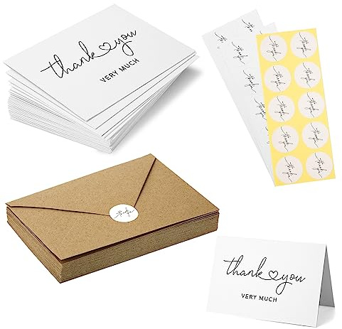 30pz Cartoline e Buste, 10x15cm Biglietto di Ringraziamento con Busta e Adesivi Sigillanti Lettera di Ringraziamento Buste Kraft per Matrimoni, Baby Shower, Affari, Laurea