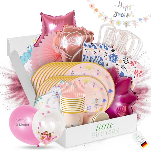 LITTLE BIRTHDAY | Fee Prinzessin Partygeschirr Paket Set Kindergeburtstag | Party Deko| Geburtstag 10 Personen | Pappteller| Pappbecher| Servietten| Luftballons | Topper | Einladungskarten | Tütchen