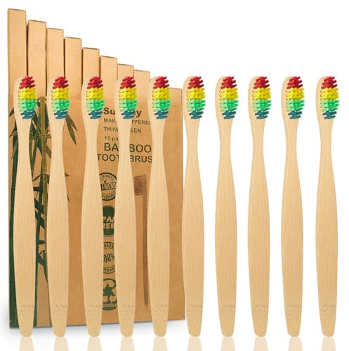 Paquete de 10 cepillos de dientes de bambú arcoíris, biodegradables y compostables, ecológicos, de carbón de bambú natural, sin BPA, con cerdas suaves, embalaje 100% reciclado (arcoíris)