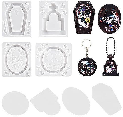 Voyyphixa 4 Pièces Moule Résine Shaker Halloween Moule Silicone Resine Epoxy Cercueil Moule Porte-clés Quicksand Resin Mold Moule de Coulée Bricolage de Bijoux Pendentif (Halloween Mold A)