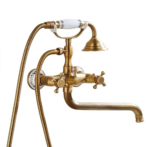 Badewannenarmatur Messing Antik Finish - Doppelhebel Wandmontage Wannenarmatur Mit Handbrause, Dusche Set