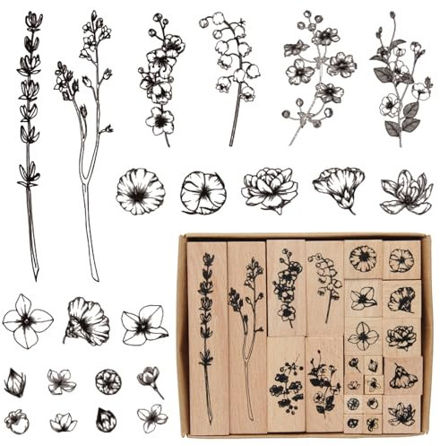 Rebanky 22 Stück Holzstempel Set mit Blumen und Pflanzen Stempelset aus Holz und Gummi zum Basteln, Dekorativ Montierte Holzstempel mit Naturmotiven für Scrapbooking & Kunsthandwerk