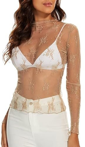 Lazzboy Tops Solide Durchsichtige Damen Langarm Nahtlose Armformer Top Mesh Shirt Bluse Leichtes Transparent Tüll Body T-Shirt Tunika Multicolor (X-Mesh-Beige,L)