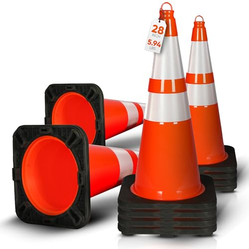 Pyle 28-Inch Safety Traffic Cones, 10-Pack Orange Parking Cones with Reflective Collars, Stackable PVC Construction for Roadwork, Sports Training & Events, Solid High-Density Base for Stability