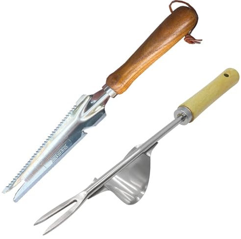 MOGADEE® Unkrautstecher Edelstahl 2 Stück, mit Pflanzfunktion Multifunktionaler Manueller Unkrautjäter mit Holzgriff, Unkraut Entferner Gerät, Zum Graben, Jäten, Bodenlockern, Geschenk für Gärtner