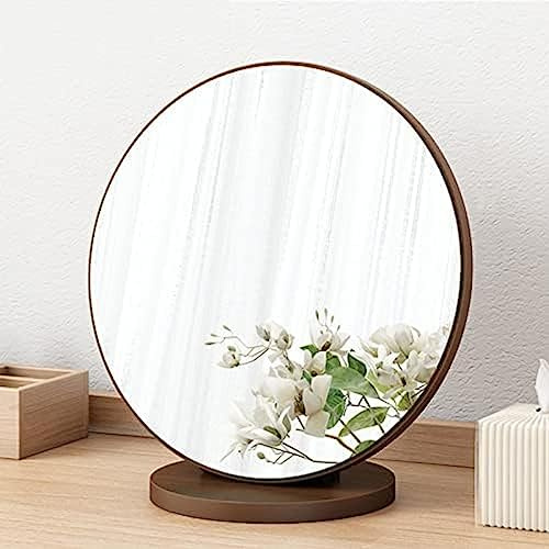 Tisch-Kosmetikspiegel, 90° verstellbar, Make-up-Spiegel aus Holz, tragbarer, Abnehmbarer runder Schminktisch-Tischspiegel, hochauflösender Schreibtischspiegel, Walnuss, 20 cm
