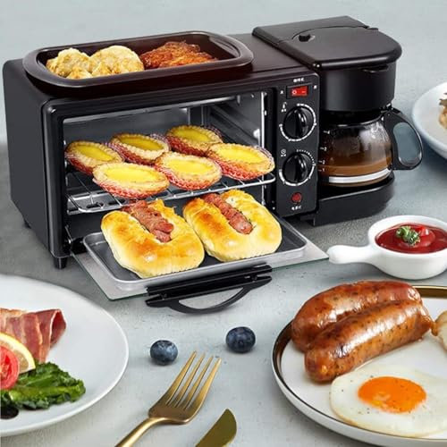 YAIUNHIQ Macchina per la Colazione Multifunzione 3 in 1 con Forno da 9 l, Piastra per Barbecue e Macchina per Il caffè da 0,6 l, Mini fornello con Padella, 45,2 x 24,6 x 21,5 cm
