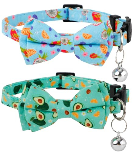 2stk Sommer-Katzenhalsbänder, Süße Früchte Katzenhalsband mit Fliege und Glöckchen Verstellbar Weiches Katzenhalsband mit Fliege mit Drachenfrucht Avocado-Muster für Kätzchen (Blau, Grün)