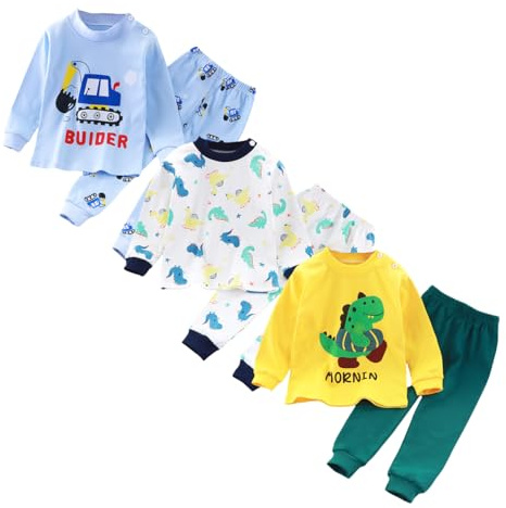 XM-Amigo Pyjamas för pojkar, 3-delat set med dinosaurie, robot, lejon, traktor, tryckt barnpyjamas, långärmad topp, bomull, sovkläder, skjortor och byxor, underdelar, nattkläder, outfit för barn, 3 År