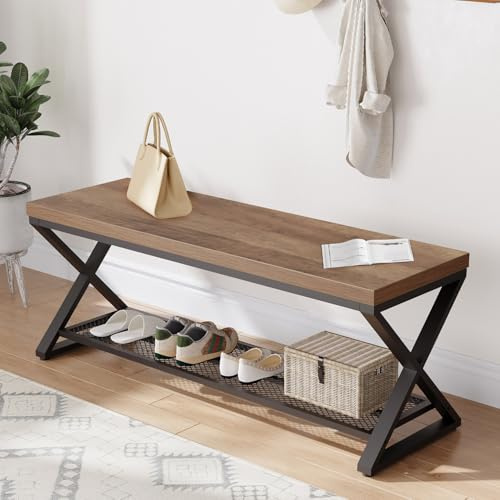 LVB Industrielle Sitzbank Flur Schuhbank mit Sitzfläche und Stauraum Sitzbank Holz mit Stauraum für Wohnzimmer Flur Foyer Esszimme Rustikale Eiche 120cm | Robuste Schuhbank mit Sitzfläche und Schuhablage, stabile Holzkonstruktion für Flur und Schlafzimmer