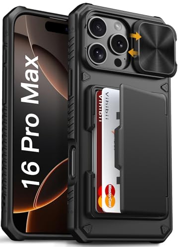 Vihibii Custodia per iPhone 16 Pro Max con porta carte (4 carte) [blocco RFID] e custodia per fotocamera scorrevole, protezione contro le cadute di grado militare, custodia rigida robusta e