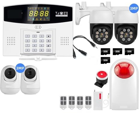 4G GSM WIFI Smart Alarm System Wireless Burglar W214 Smart Home Security Alarm Control LCD Display IP Camera(Kit 4)
