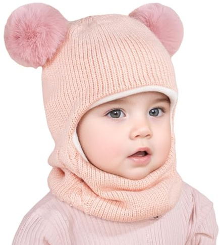 Ourdort Schlupfmütze Kinder,Schlupfmütze Baby,Baby Mütze,Babymütze Winter,Baby Mütze Winter Neugeborene,mit Bommel Fleecefutter Beanie Mütze,für 2-7 Jahre alt Baby. (Rosa)