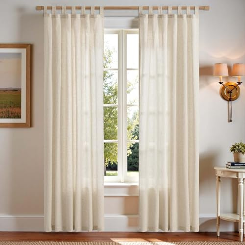 TOPICK Gardinen mit Schlaufen Leinen Vorhänge für Wohnzimmer Schlafzimmer Stores Fenster Lichtdurchlässig Lichtfilterung Vorhang Bauernhaus Landhausstil Gardine küche 2er Set 140Bx225H (cm) Beige