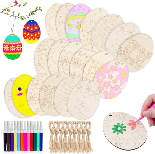 Aitsite 112Pcs Ostern Basteln Kinder Osterdeko Holz Holzanhänger Ostern Anhänger Holz Ornamente Unvollendete Ostern Basteln DIY Anhänger Osterdeko Basteln mit Ostereier Zwirnen Selbstklebend Frühling