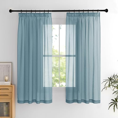 PONY DANCE Kurzer Vorhang Transparent Voile Gardinen mit Kräuselband | Blau,H160 x B140 cm,2er Set,Vorhang Durchsichtig für Schlafzimmer,Gardinen Schienensystem,Sheer Curtains,Luftig