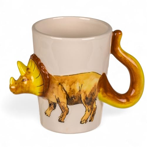 MIJOMA Lot de gobelets 3D, avec anse en dolomite, environ 300 ml, pour enfants, avec motifs de dinosaures, peintes à la main, en céramique, pour garçons et filles, motif tricératops