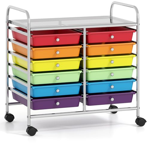 COSTWAY Chariot de Rangement à Roulettes 12 Tiroirs en PP, Tour de Rangement avec Tablette, Roues Universelles, Cadre en Métal, Desserte Meuble Tiroir pour Bureau École Salon (Multicolore)