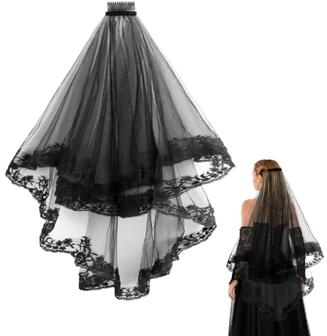 Telooco Skräckbrud slöja halloween bröllopsklänning slöja svart halloween spöke brudslöja lång tyllslöja med kam bröllopsslöja för halloween cosplay begravning kostym