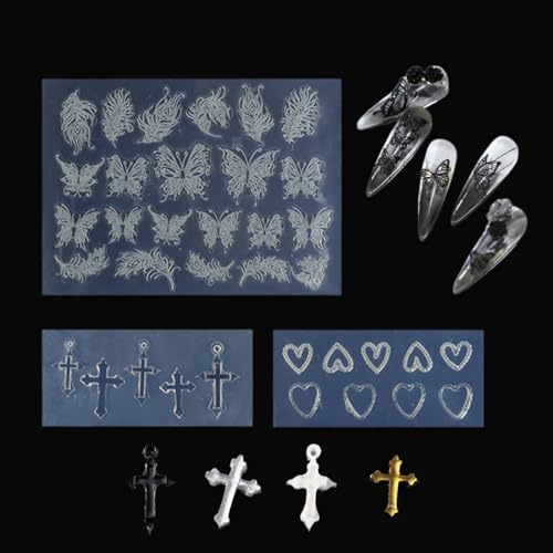 3 Stück 3D Nagelformen Silikonformen für Nagelkunst Halloween Design 3D Muster Nagel Kunst Formen DIY Nagelzubehör (Kreuz + Herz + Schmetterling)